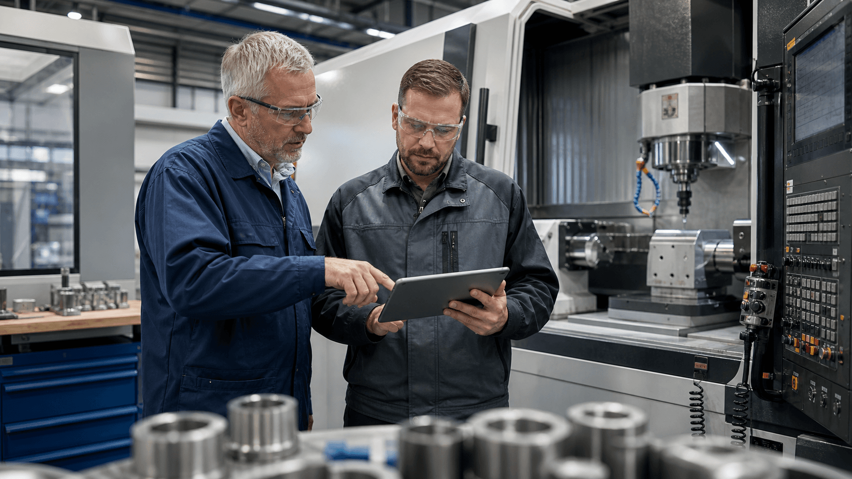 Erfahrener Maschinenbediener und Prozessingenieur besprechen einen Versuch an einer CNC Maschine