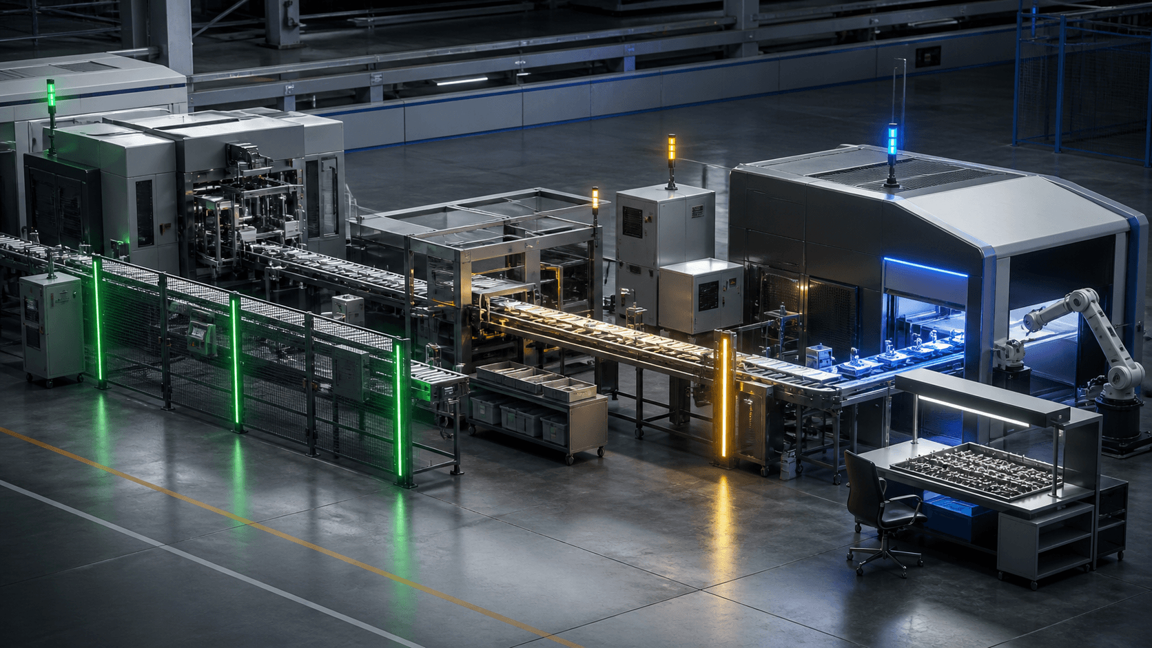 Verkettete Produktionsanlage mit drei farblich getrennten Betriebssignalen