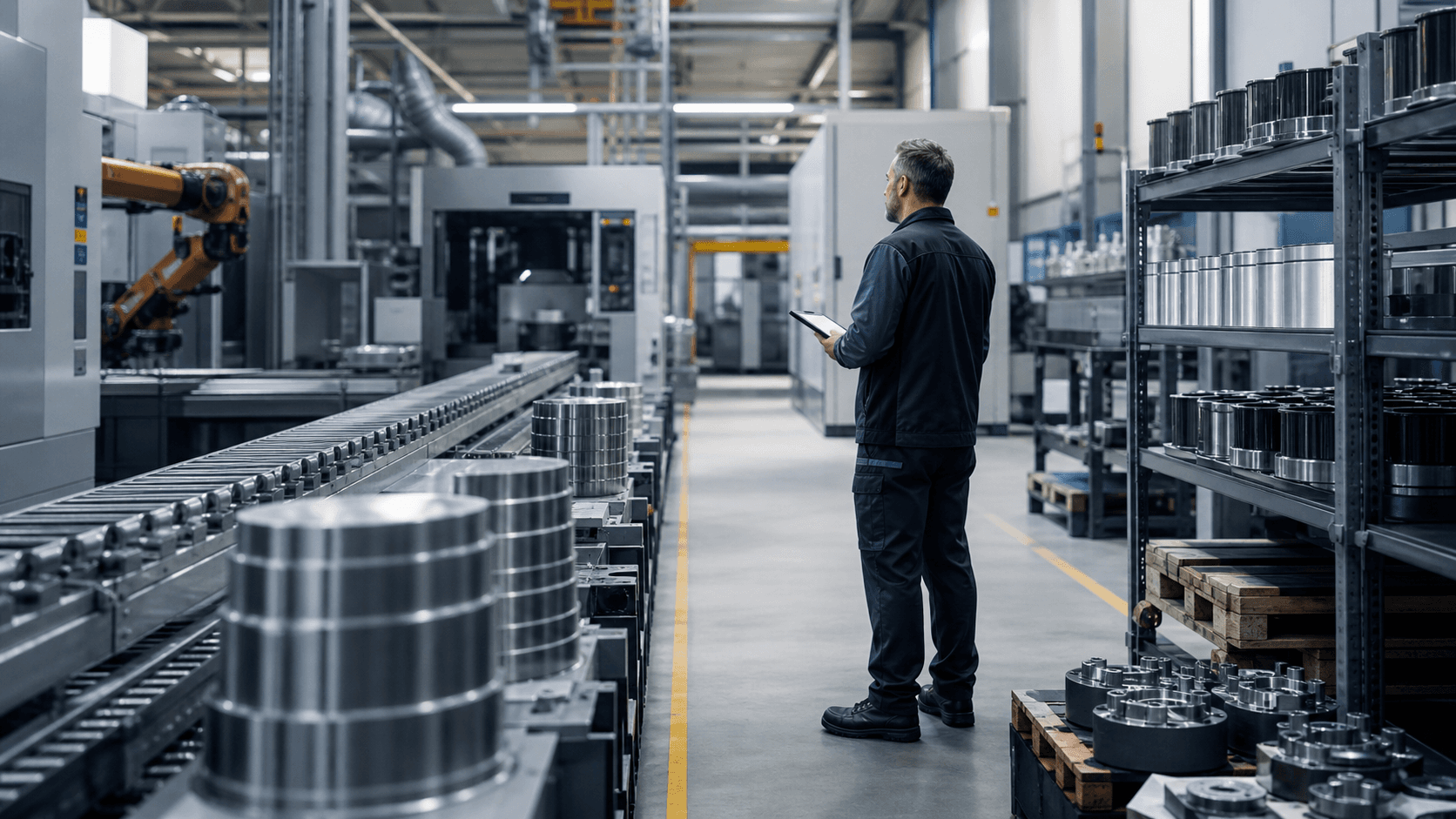 Produktionsleiter analysiert Materialfluss und Maschinen einer Metallfertigung